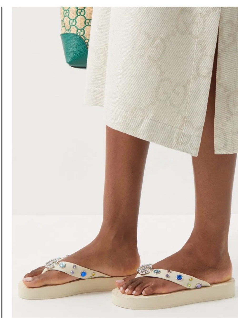 Gucci Pascar Cream Jeweled Thong Sandals with Multicolored Gems